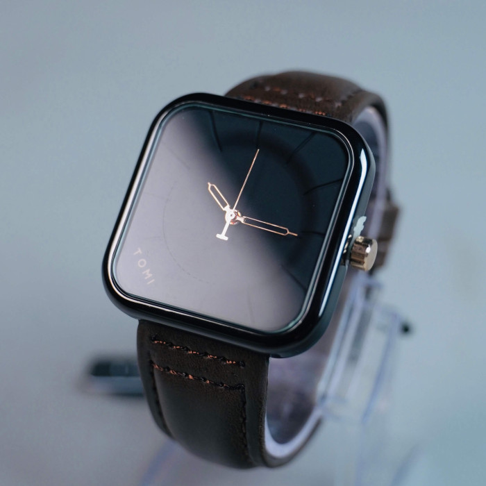 TOMI SQUARE QUARTZ BLACK X BROWN LEATHER STRAP